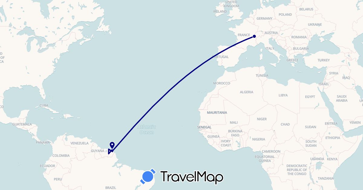 TravelMap itinerary: driving in France, French Guiana (Europe, South America)
